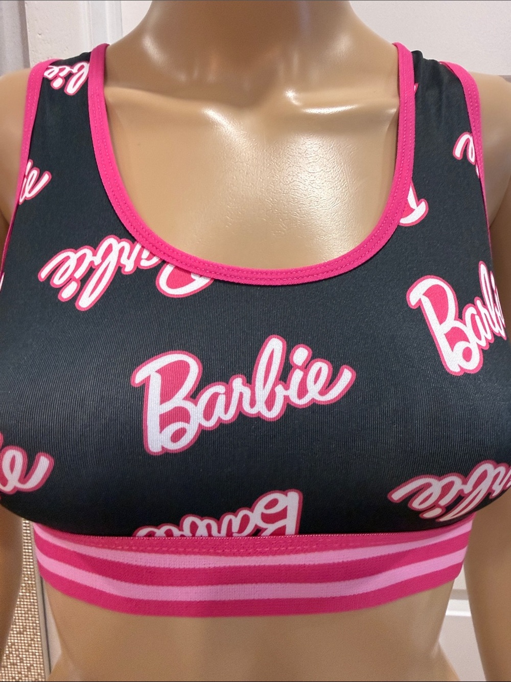 Barbie Black Sports Bra with Hot Pink Logo and Trim - Picture 1 of 14